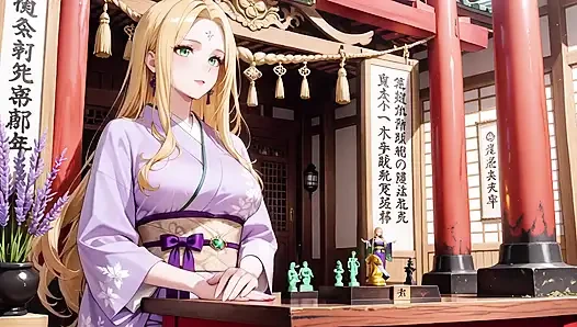 Blonde in Lavender! Kneeling Barefoot Under the Red Torii Gate, Her Andouf Fluttering in the Breeze