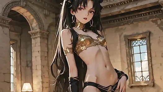 Alacakaranlıkta tapınakta yavaşça kıyafetlerini çıkarıyor