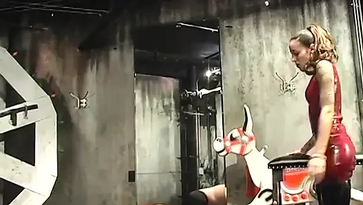 İnce esmer dominatrix ininde erkek köleyi aşağılıyor ve aşağılıyor