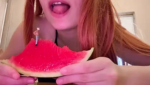 Giantess Stepsister Eats Watermelon and Tiny Stepbrother Watches Her Eat Watermelon Deliciously Then Giantess Stepsister