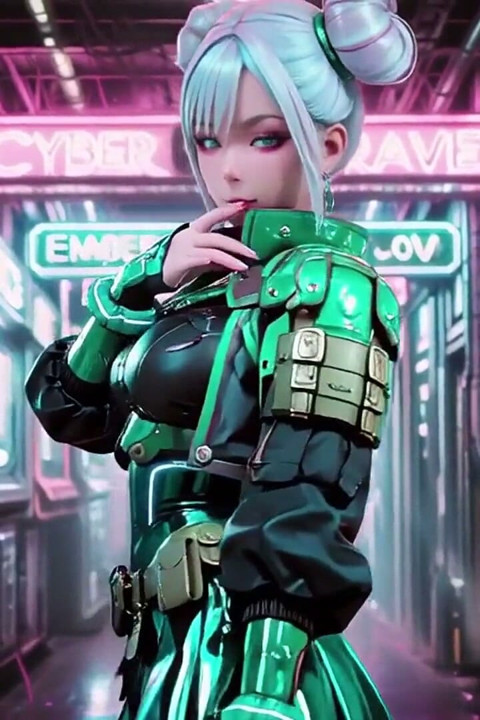 ¡La chica blindada verde! Valquiria de pelo plateado arrodillando y mirando la espalda, dedos trazando su traje metálico frío.