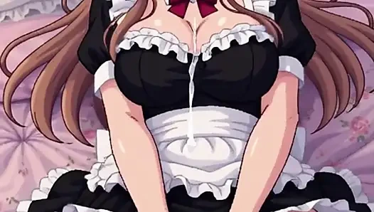 Hot Asian cosplay maid masturbates on the bed, pixelart
