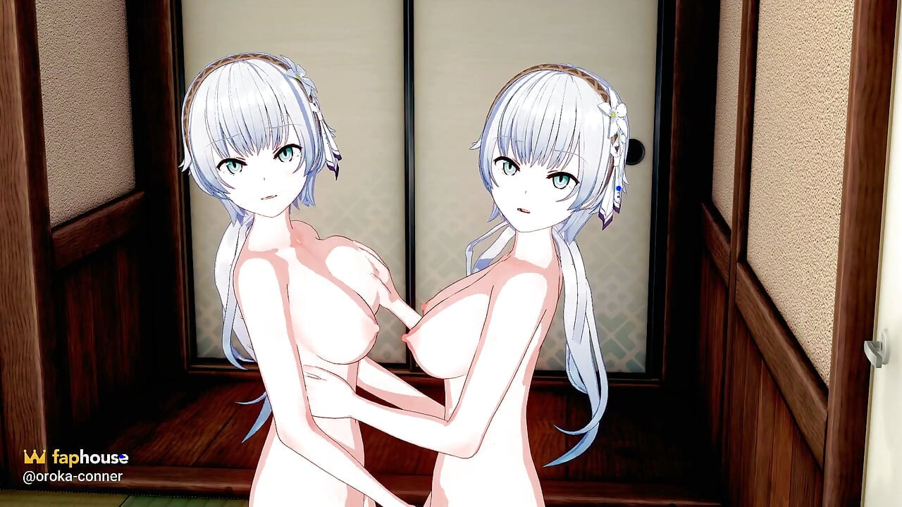 Two White Haired Beauties Touch and Pleasure Each Other - 3D Hentai