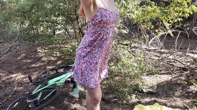 Stranger took on cam sexy girl in cute short dress masturbating in the forest