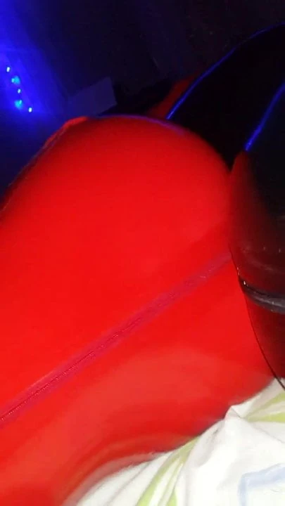 Sex with my wife in red latex catsuit