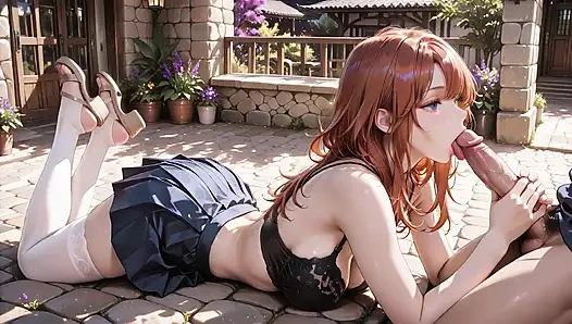 Waifu Jepang semok dengan lingerie putih lacy dicrot di luar ruangan di taman tradisional hentai 3d