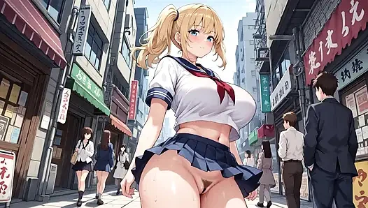 Walking on a lively street with her lower body exposed