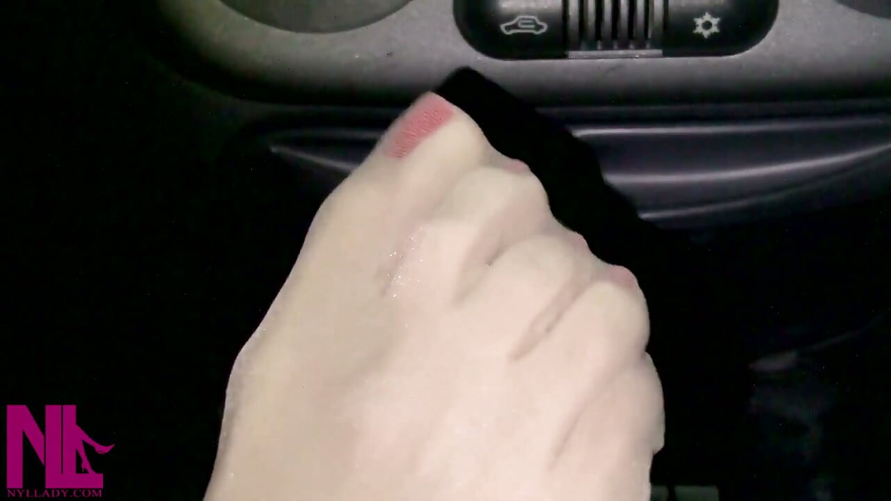 Sensual Footjob to Gear Stick in Nude Sheerest Pantyhose and Red Nailpolish
