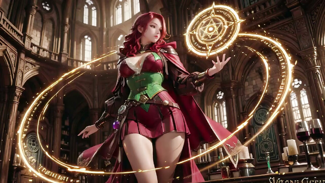 Penyihir Berambut Merah Bangkit! Berlutut di Katedral Gotik, lingkaran cahaya emas mengelilinginya saat roknya terangkat.