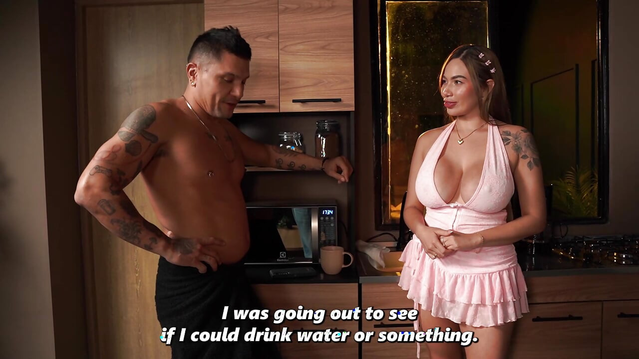 A muscular guy gets really horny after a drink, and his roommate helps him out with her big tits