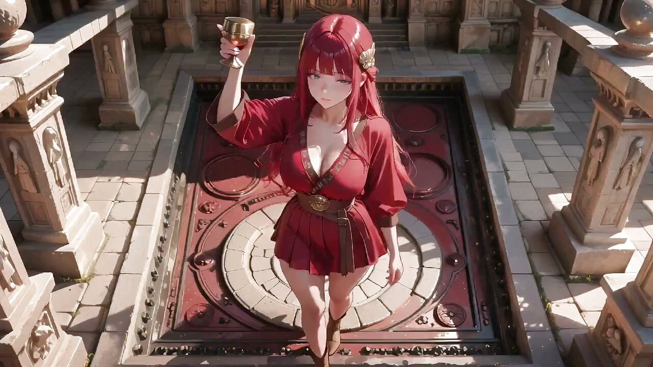 Ancient Stone Corridors Dappled with Light, She Lounges in a Circular Pool Overflowing with Liquid
