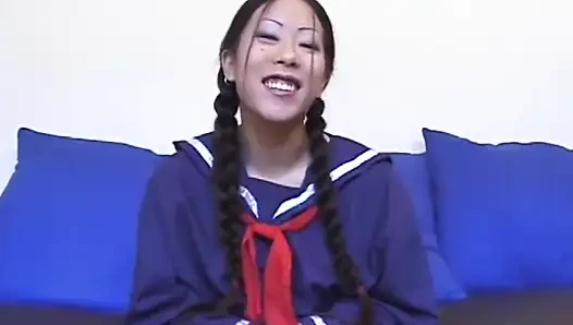Asian babe pussy fucking big dick sucking in a college uniform...cum in mouth