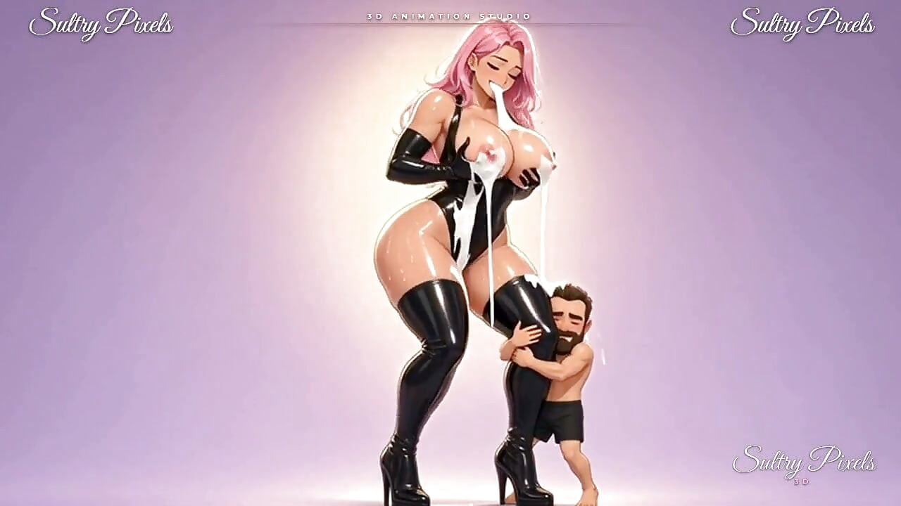 Uriașă în latex cu părul roz picură lapte pe bărbatul ei minuscul cu barbă - palme de fund și gemete care picură