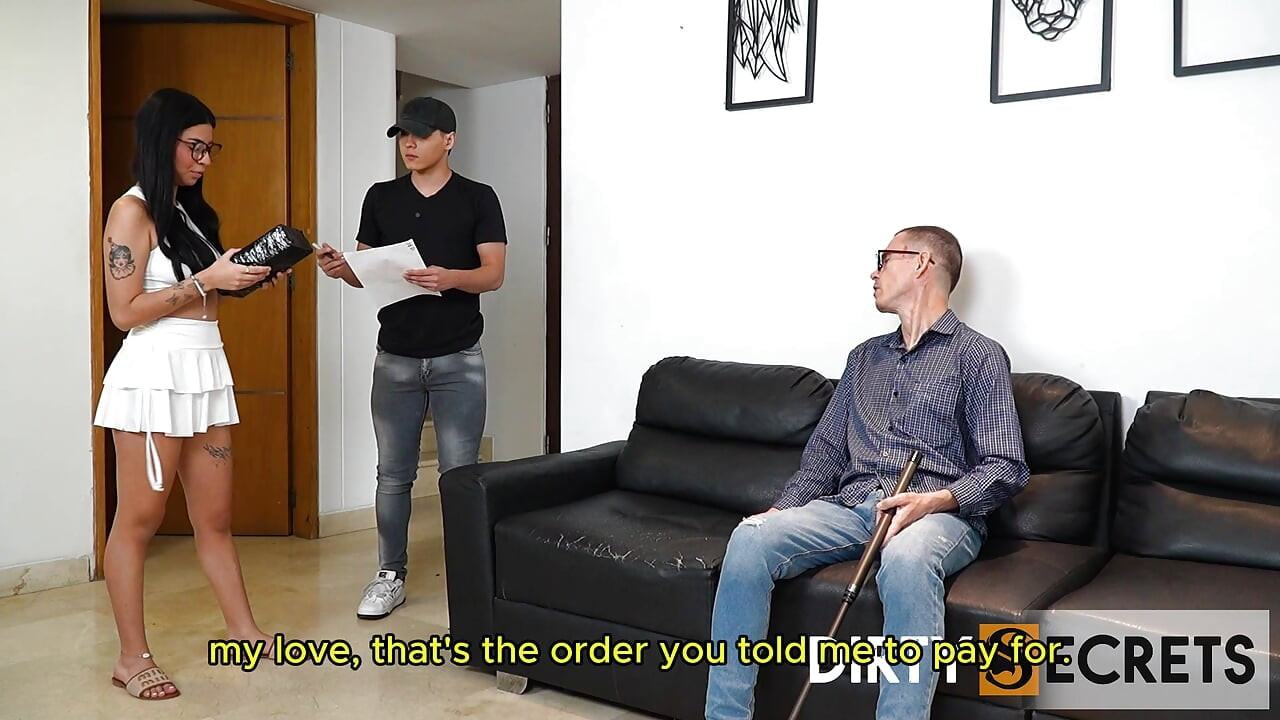DELIVERY GUY FUCKS THE WIFE WHO SECRETLY ORDERED A DILDO BEHIND HER BLIND HUSBAND'S BACK.