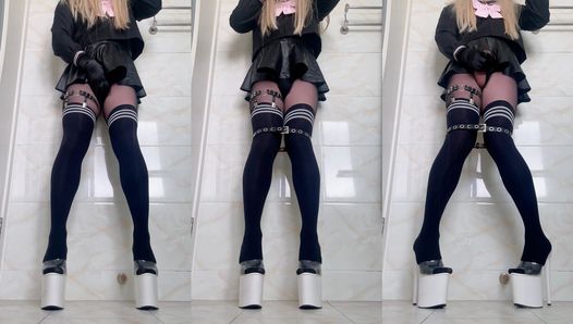 Crossdresser Punk Meow Masturbating in JK skirt & platform heels