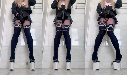 Crossdresser punk meow ช่วยตัวเองในกระโปรง jk และส้นสูงแพลตฟอร์ม
