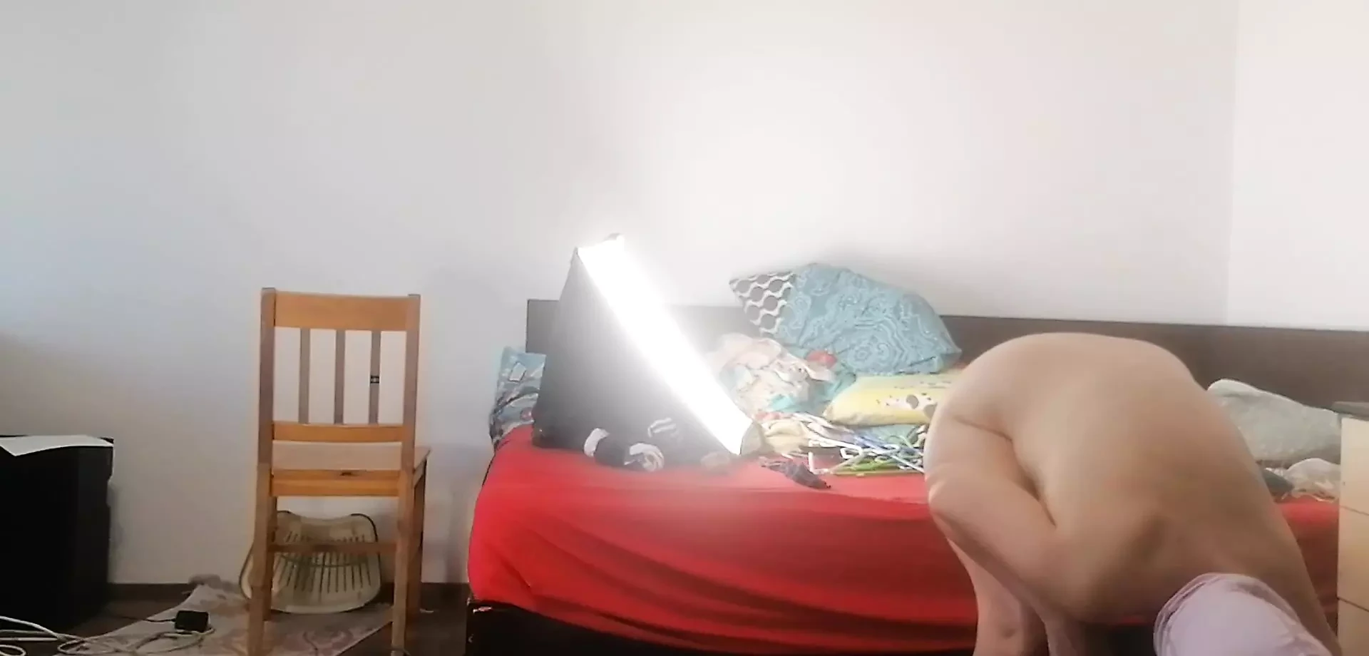 Amateur wife vacuuming in the bedroom. Sexy naked wife preparing food in the kitchen.