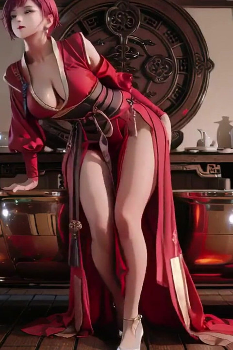 Purple-haired War Maiden in High-slit Kimono, Kneeling to Tease Your Eyes with a Fiery Gaze and a Wet, Forbidden Whisper.