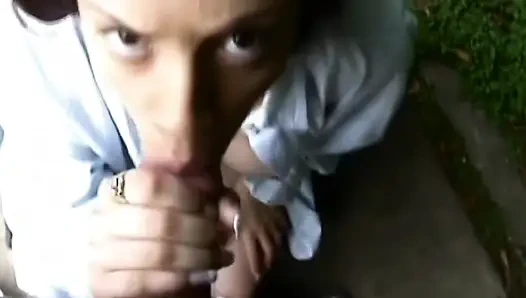 Brunette Babe Sucks Big Cock Outdoors to Explosive Orgasm