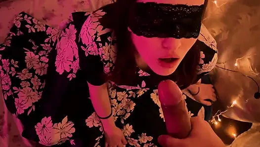 Holiday New Year blowjob from a beautiful woman in a mask and dress