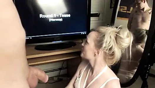 Blowjob and cum in mouth while watching porn