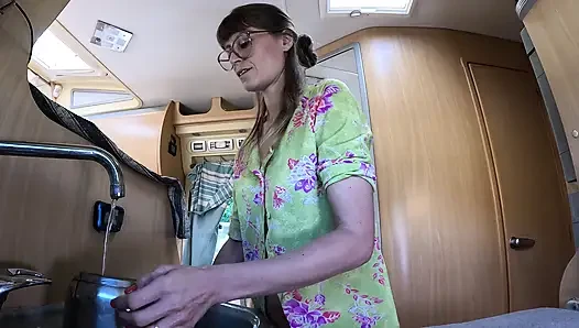Horny wife washing dishes gets fucked hard from behind by her husband who cums inside her