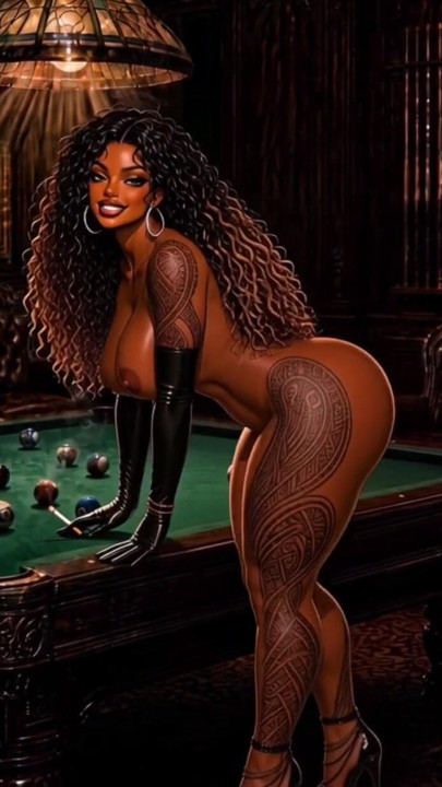 AI animation ebony island girl pool shark plays for keeps then dominates you smoking and demands you finish on her feet | Clip 1