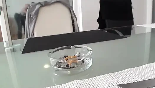 High Heeled Brunette Throttle Food and Smoking Cigarettes