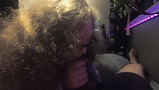Innocent Chubby white nerd girl with glasses sucks cock and licks up the cum