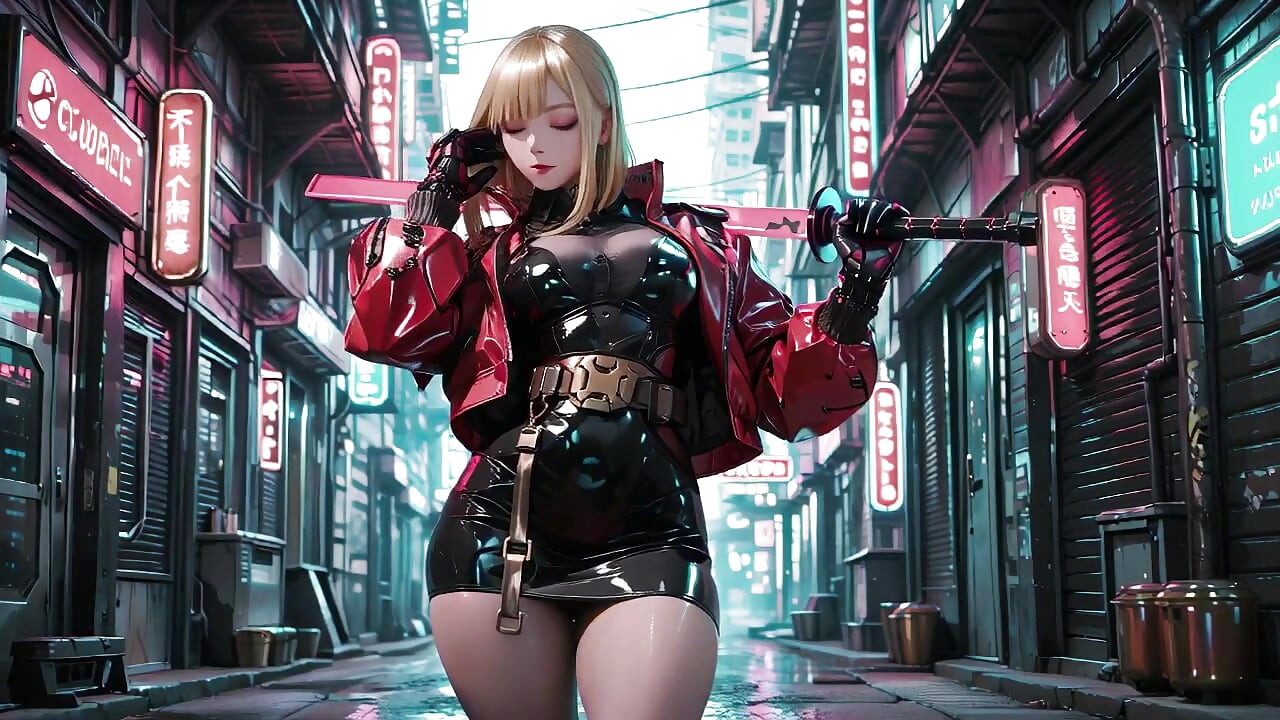 Cyber Queen's Wet Fantasy! Red leather jacket glistening under neon rain, kneeling pose that breaks the armor