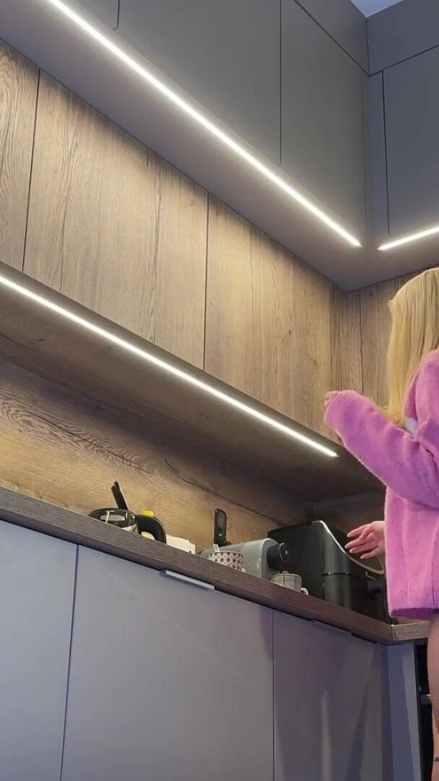 Hot petite skinny blonde girlfriend is in the kitchen teases me with her pink pull over | Clip 2