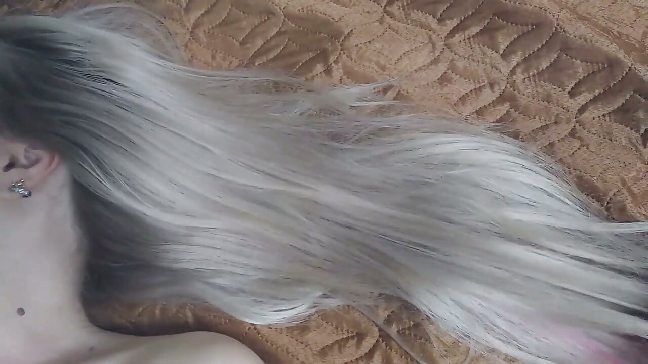 Hairjob blonde plays with cock ,MILF hair cum on his head