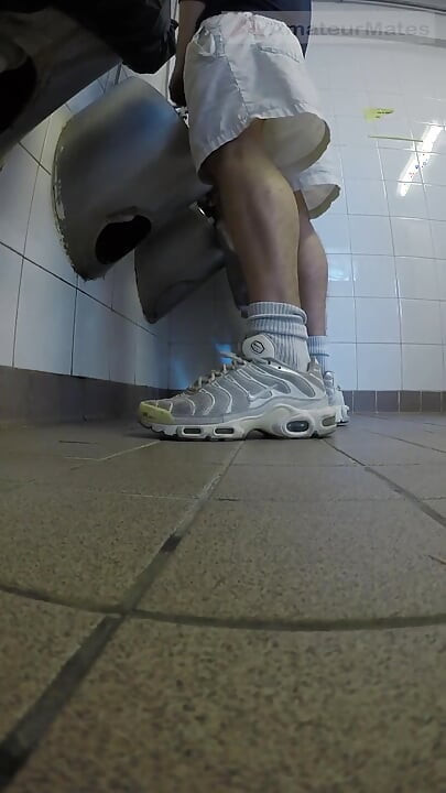 Amateur Boys in Sneakers Wank and Try Handjob in Public Toilets' Urinal