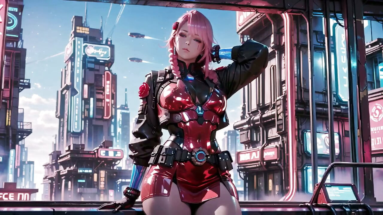 Pink-haired Mech Warrior! Kneeling in Neon Streets, Red Rose & Cold Armor Contrast.