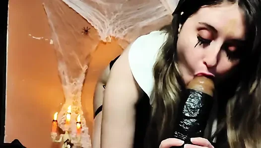 Nun Sucking a Huge Black Dildo with a Lot of Saliva