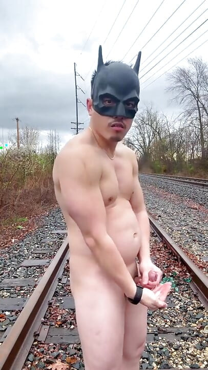 Rain-soaked Railroad Exhibition Muscular Asian Hunk Strips, Flexes, Cums Hard & Marks His Territory
