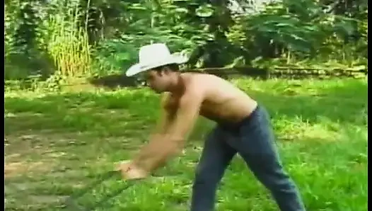 Young sunburnt tranny Luciana in yellow bikini can't get enough cowboy's cock in her mouth and anus