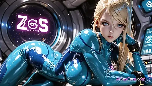 Samus melayang di atas lantai logam dengan tubuh sempit mengubah gravitasi nol menjadi seks panas berkeringat (AI)