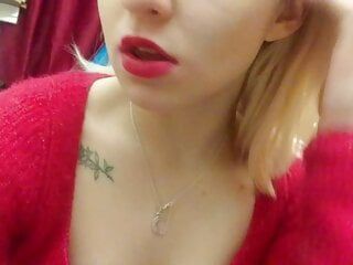 Home striptease in a red sweater and masturbation with a gentle orgasm