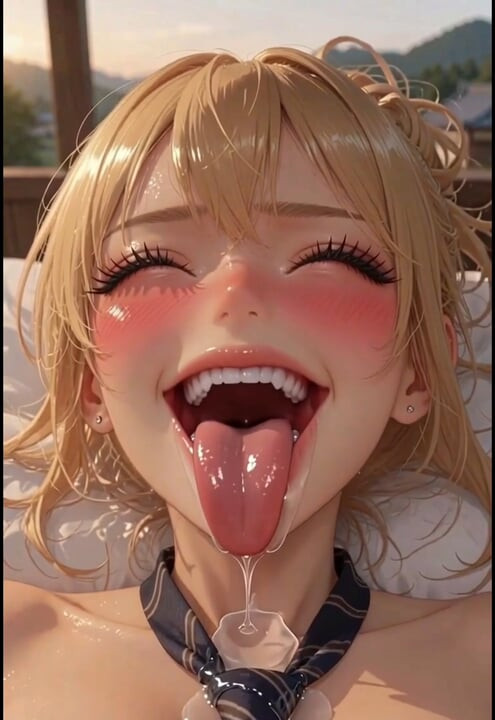 Blonde anime masturbates on terrace