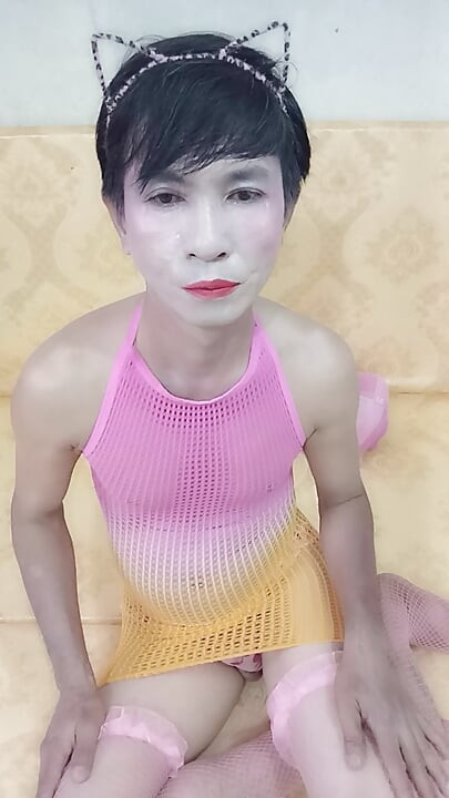 Transgender Oanh Le wears sexy clothes masturbating and ejaculates all over her body