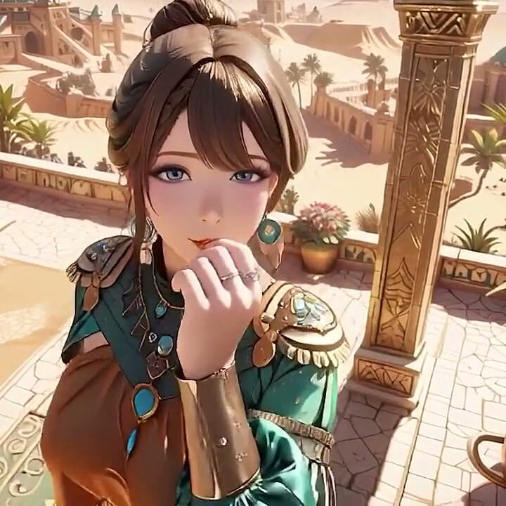 Green Gold Queen Coronation! Lazy Side-lying in the Desert Palace, Fingers Teasing Hair and Veil, Sun-kissed Skin Glistening.