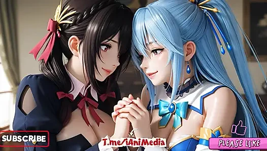 SFW Aqua and yunyun From konosuba soft show touching and kissing lesbian