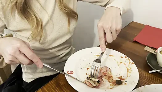 Having Pizza in a sheer blouse in public  in a restaurant exposing my big nipples