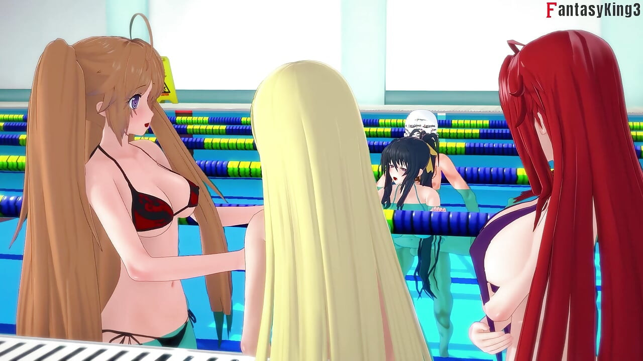 Rias & Akeno Thresome podczas rozmowy telefonicznej i Akeno ruchają się w publicznym basenie - DXD NTR Madness Series