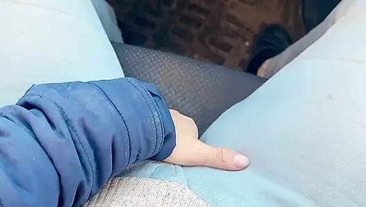 she open hairy pussy in the car then go outside piss