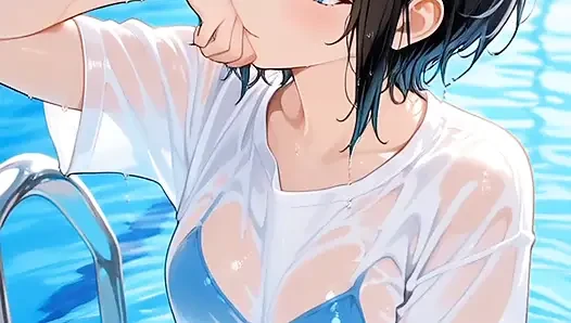 Ibu-ibu seksi Jepang lagi asik goyangin toket besarnya dengan celana dalam basah di kolam renang