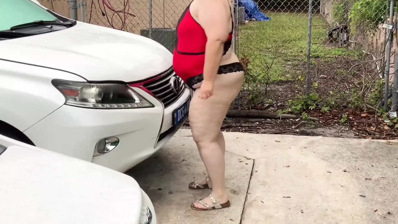 Sexy, big ass, horny and hot BBW, with big tits caught masturbating publicly in the car and gets cum on his ass