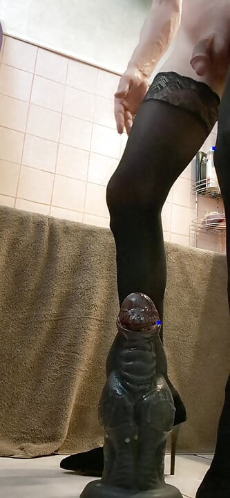 Stocking heels fuck my ass with a giant dildo