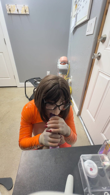 Epic moment from "Hot Velma in her mini skirt riding her favorite dildos on her chair"